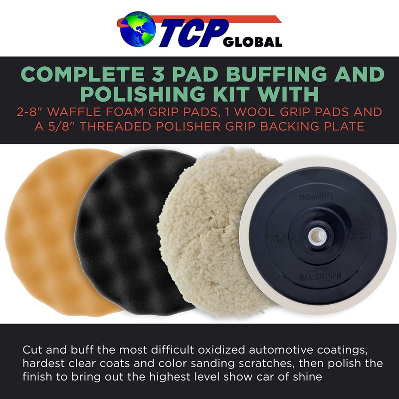 TCP Global Complete 3 Pad Buffing and Polishing Kit with 3-8"" Pads; 2 Waffle Foam and 1 Wool Grip Pads and a 5/8"" Threaded Polisher Grip Backing Plate - Image 2